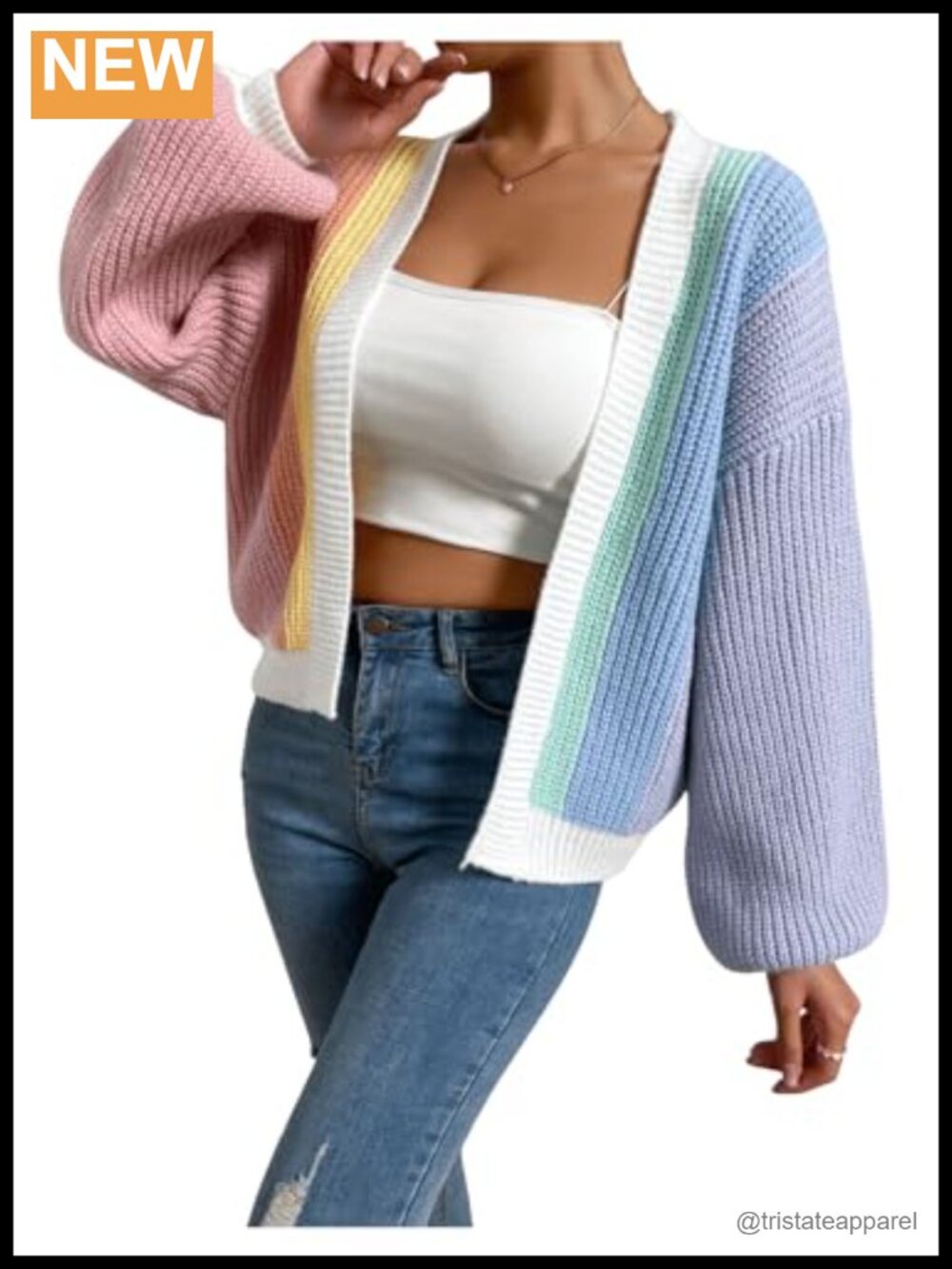 Color Block Cropped Cardigan Open Front Ribbed Knit Acrylic Sweater